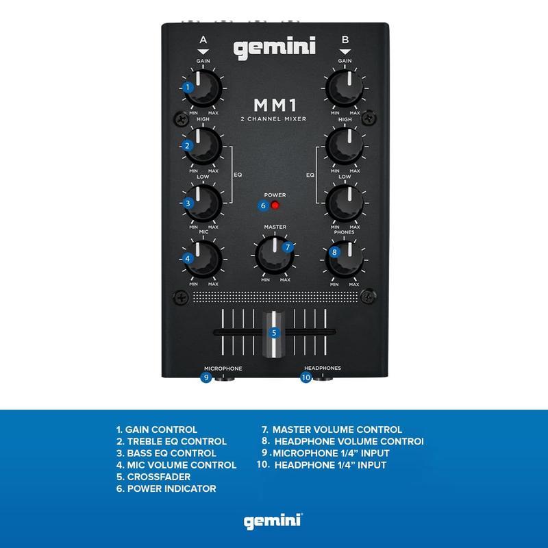 Mixer de DJ portátil Gemini MM1 de 2 canais com conectores RCA e
